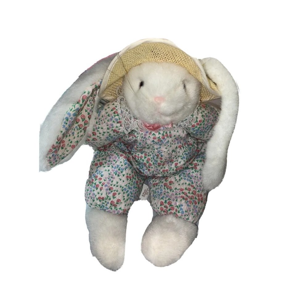 Plush Creations Clover Bunny Plush White Floral Floppy Ears Straw Hat With Tag